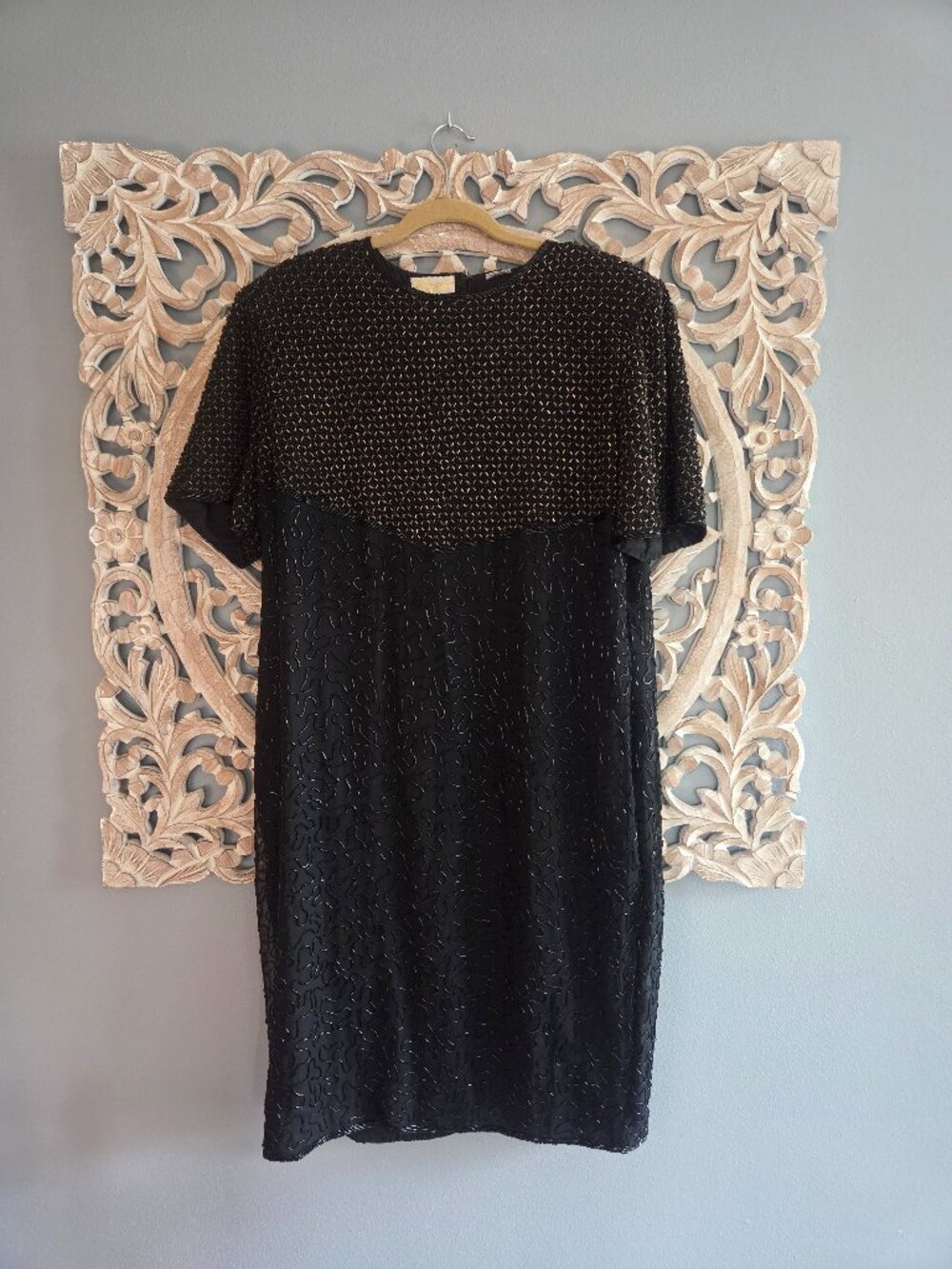 Moonlite Vintage 100% Silk Beaded Black Gold Midi Dress 2X